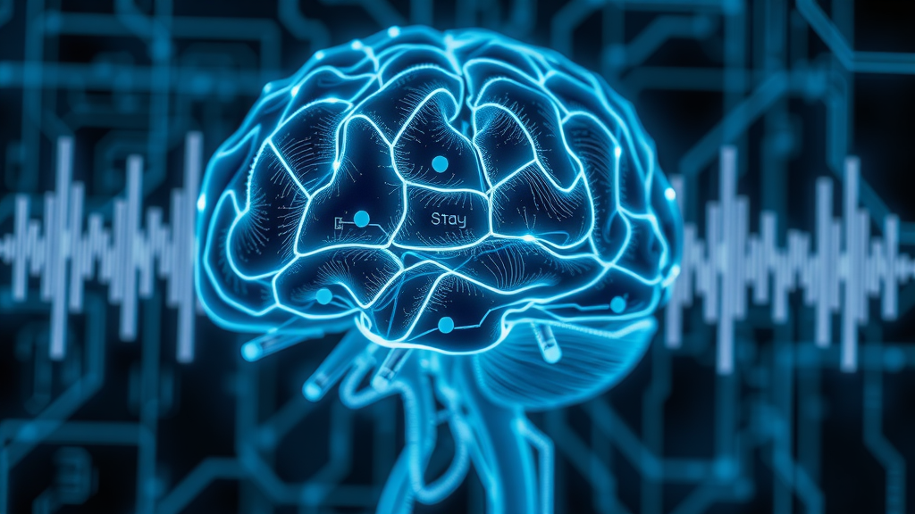close-up of digital brain with circuitry and sound wave patterns, speech recognition and generative AI in communication