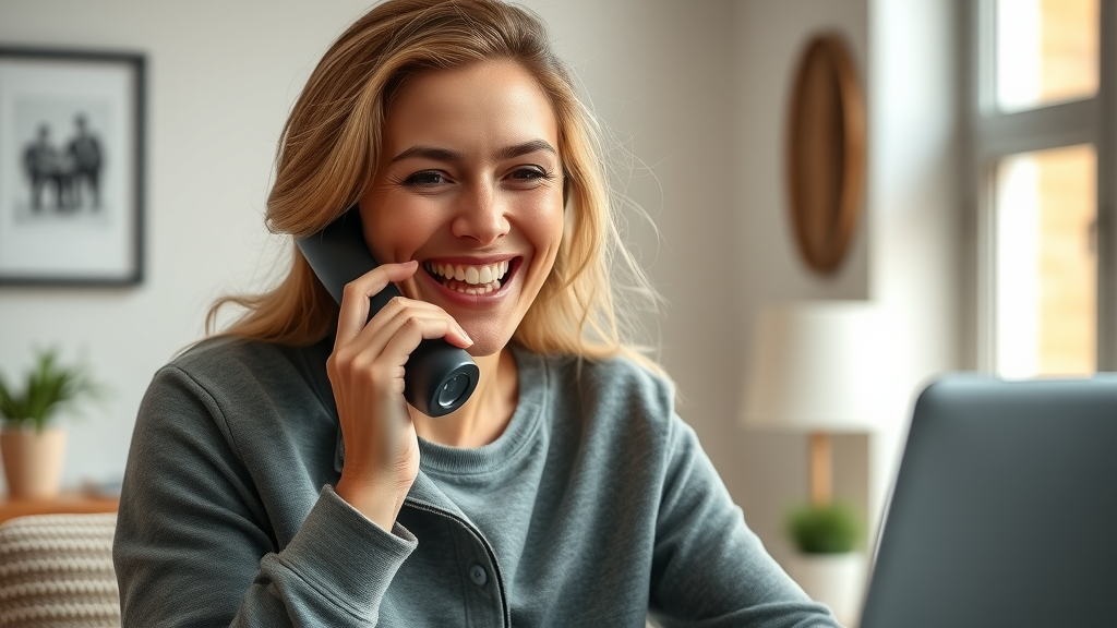 happy customer speaking on the phone, customer satisfaction with ai voice agents for business, home office