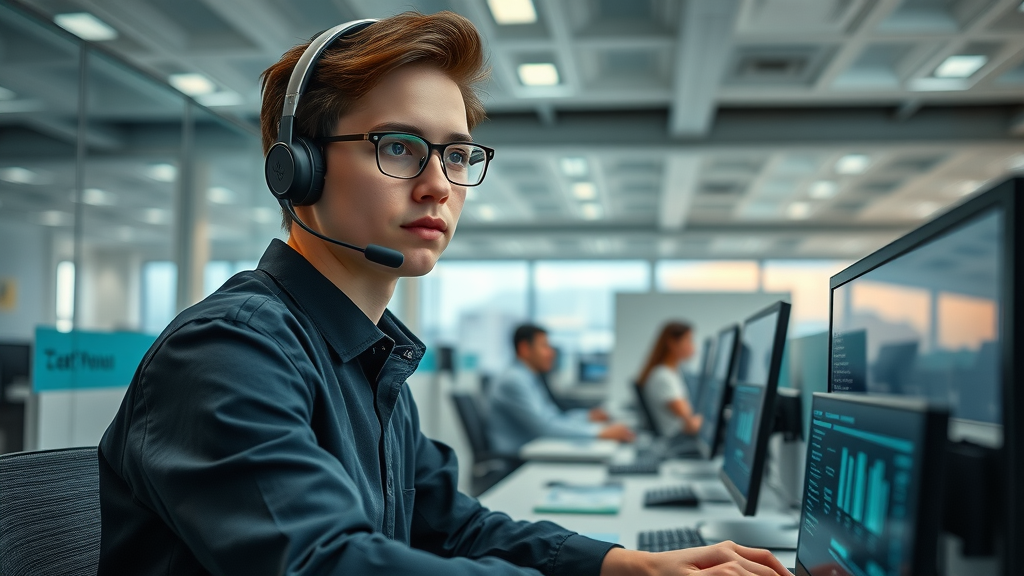 modern call center with AI-enabled interface screens, customer service with AI voice agents, call center agent monitoring dashboard