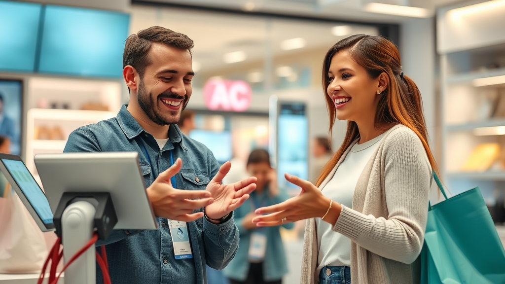 loyal customers interacting with AI-powered device, customer loyalty with ai voice agents for business in retail
