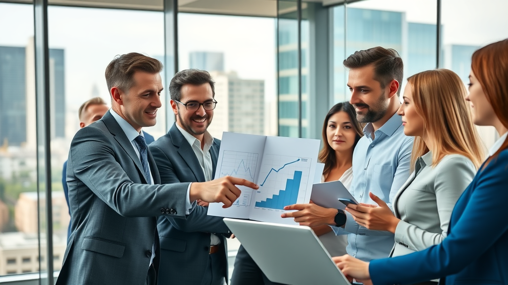 Dynamic business team collaborating on digital marketing strategy in a modern digital agency office, with sleek glass-walled workspace and cityscape background, team members analyzing digital charts and laptops, digital agency