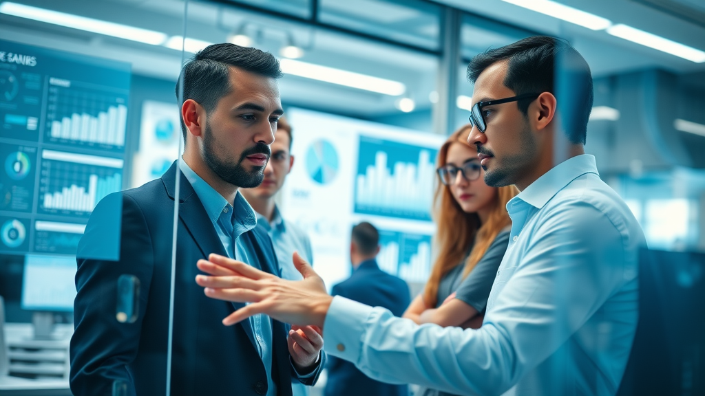 Bright digital agency workspace with professionals analyzing data, digital screens and teamwork brainstorming in modern office, digital agency services