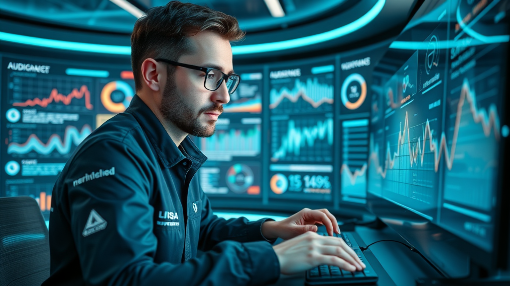 Futuristic AI-powered dashboard for a digital agency, marketer analyzing real-time audience data, high-tech control room, digital agency AI marketing