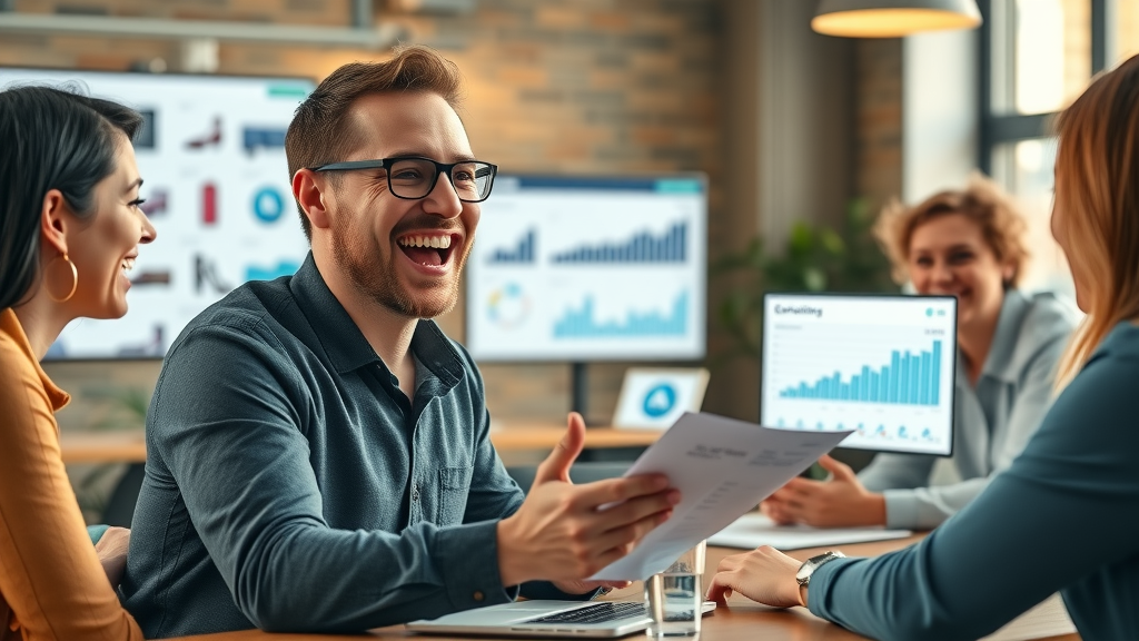 Successful e-commerce executive reviewing growth charts with digital agency team, digital agency business growth results, analytics meeting, digital agency case studies