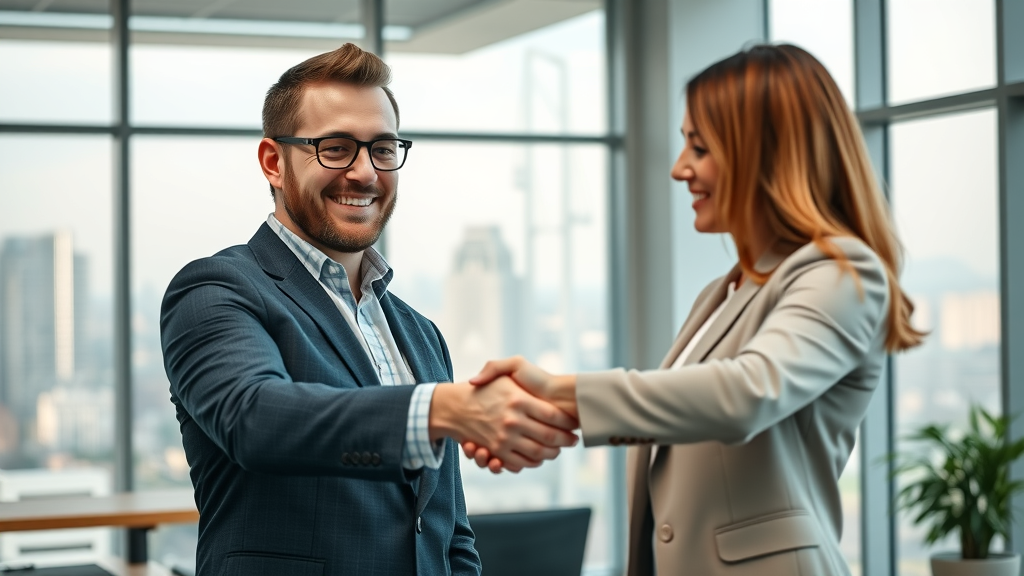 Confident business owner shaking hands with digital agency partner after successful campaign, digital agency partnership, digital marketing success, digital agency services