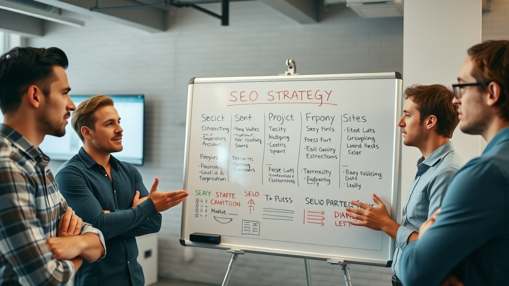 seo how? professional team mapping out SEO strategy on whiteboard, creative agency environment