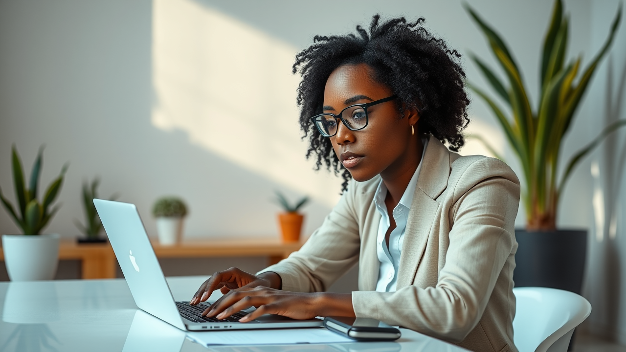 seo how? business professional exploring search queries on modern laptop in minimalist workspace