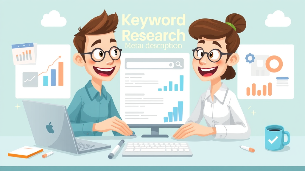 seo how? infographic illustrating keyword research and meta descriptions in digital workspace