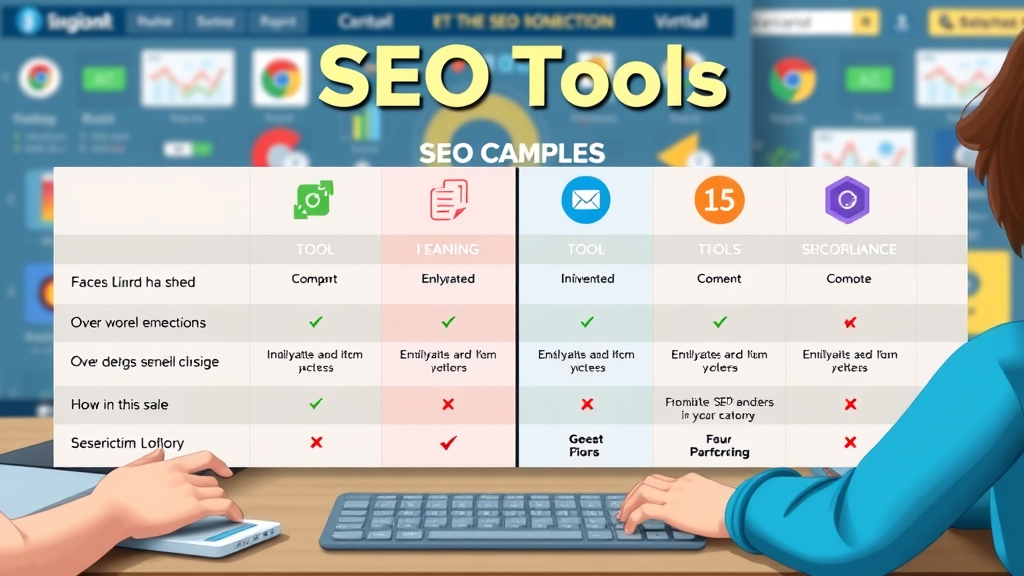 seo how? colorful comparison table graphic showing popular SEO tools and features