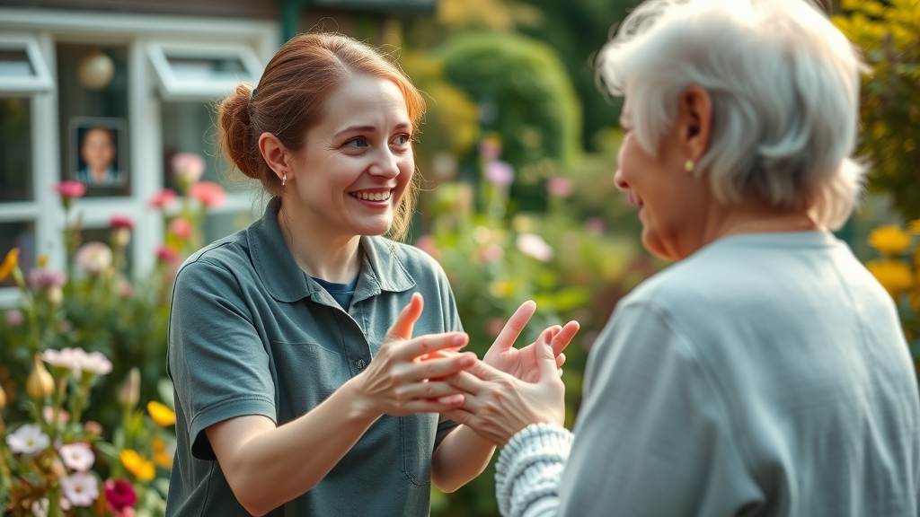 Supportive mental health volunteer from mind monmouthshire offering advice to local resident in lush community garden