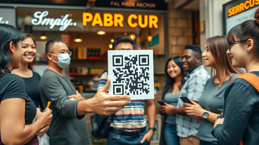 QR code marketing for small business: business owner presenting a QR code to customers in a vibrant storefront