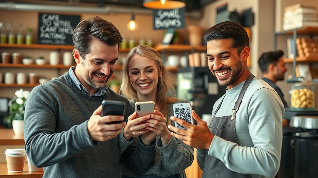 Customers engaging with QR code marketing for small business in a coffee shop