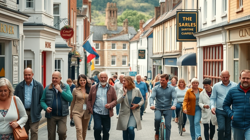 Inspirational bustling small-town high street in Monmouthshire, people engaging with local businesses, monmouthshiremrdia supports uskmedia.org community impact