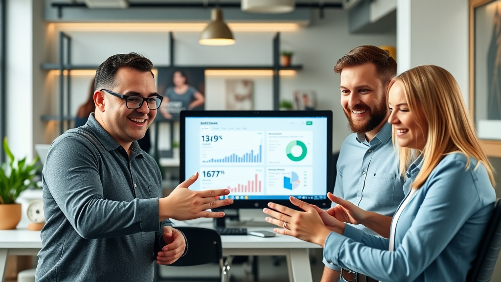 British small business team collaborating on social media marketing services for small businesses UK, reviewing social media stats on a digital screen in a modern UK office