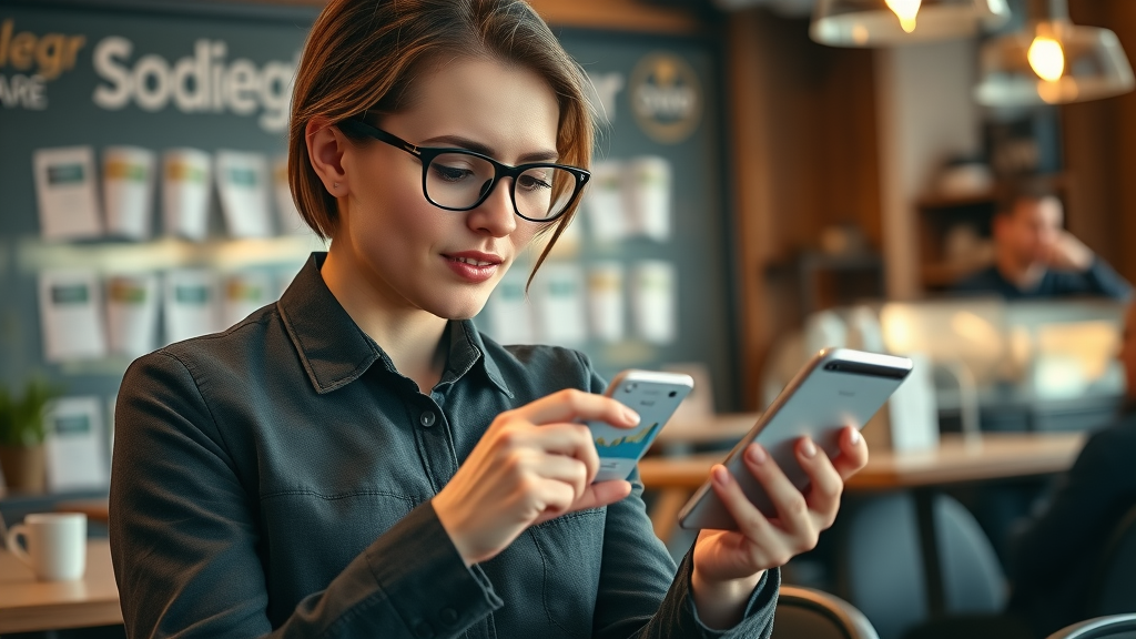 Engaging UK social media manager analyzing digital marketing analytics for small business in coffee shop, social media marketing services for small businesses UK