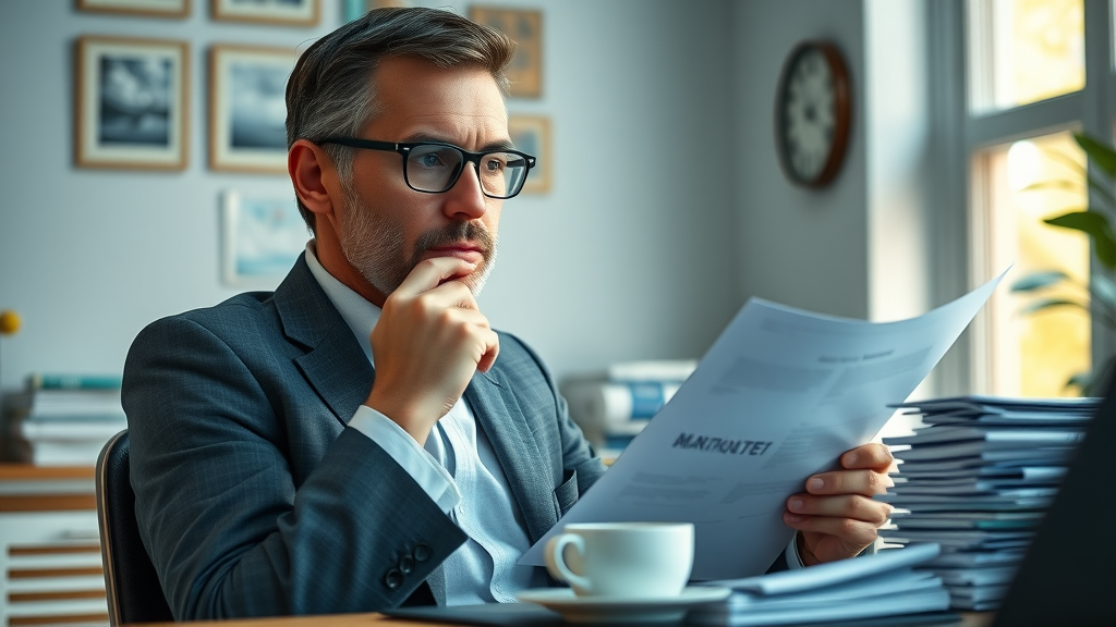 Thoughtful UK business owner reviewing marketing agency proposals for outsourcing social media marketing services for small businesses UK