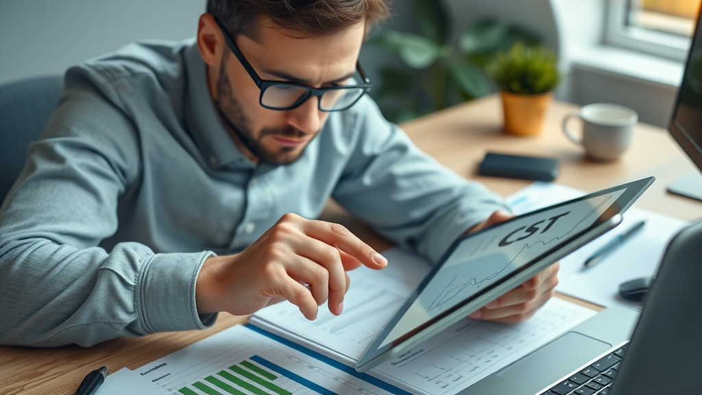 UK accountant calculating the cost of social media marketing services for small businesses UK with digital tablet and financial reports