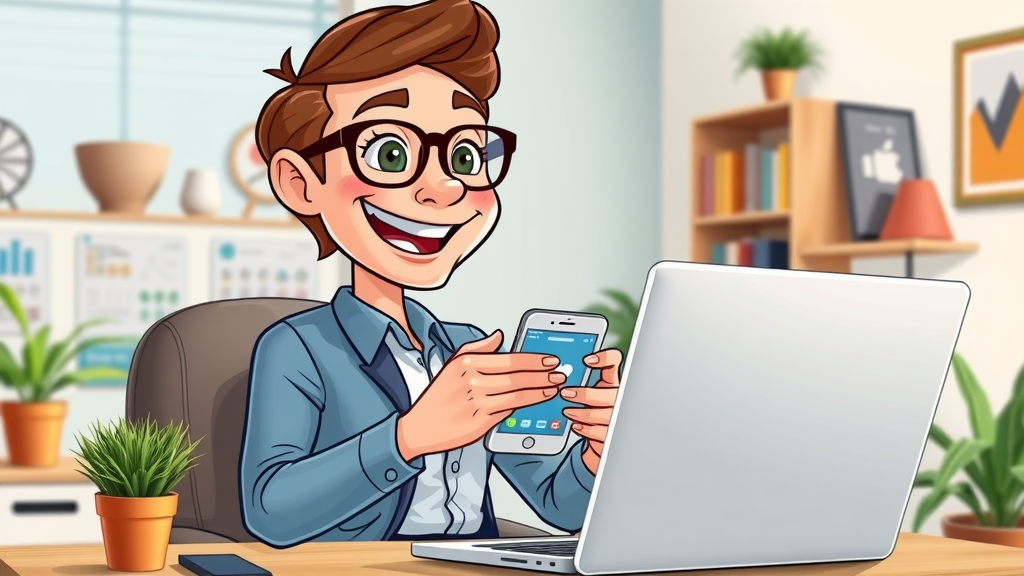 Cheerful dynamic UK marketing specialist managing daily social media workflow for small businesses using laptop and smartphone