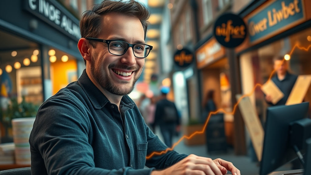 Successful UK small business owner celebrating increased brand awareness and online engagement using social media marketing services
