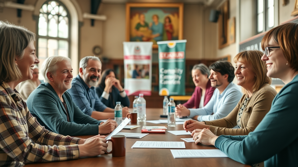 inspirational community gathering in Monmouthshire, people of diverse backgrounds smiling, discussing local initiatives at a town hall table - monmouthmedia supports caldicotmedia.org