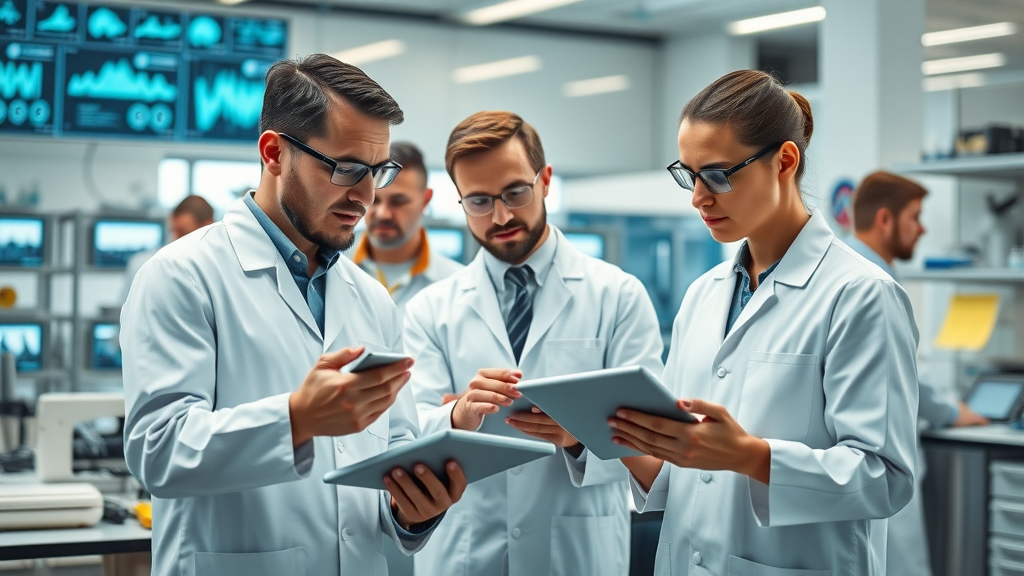 innovative biotech laboratory, scientists collaborating, analyzing data on digital tablets, modern laboratory with digital screens and biotech equipment in the background, highly detailed, multiple researchers discussing, biotech digital transformation, natural daylight