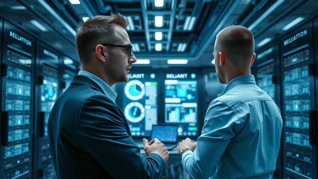 futuristic biotech data center, seamless technology infrastructure, executives monitoring secure servers, advanced computing systems, digital compliance dashboards, digital transformation in biotech, cool blue tones