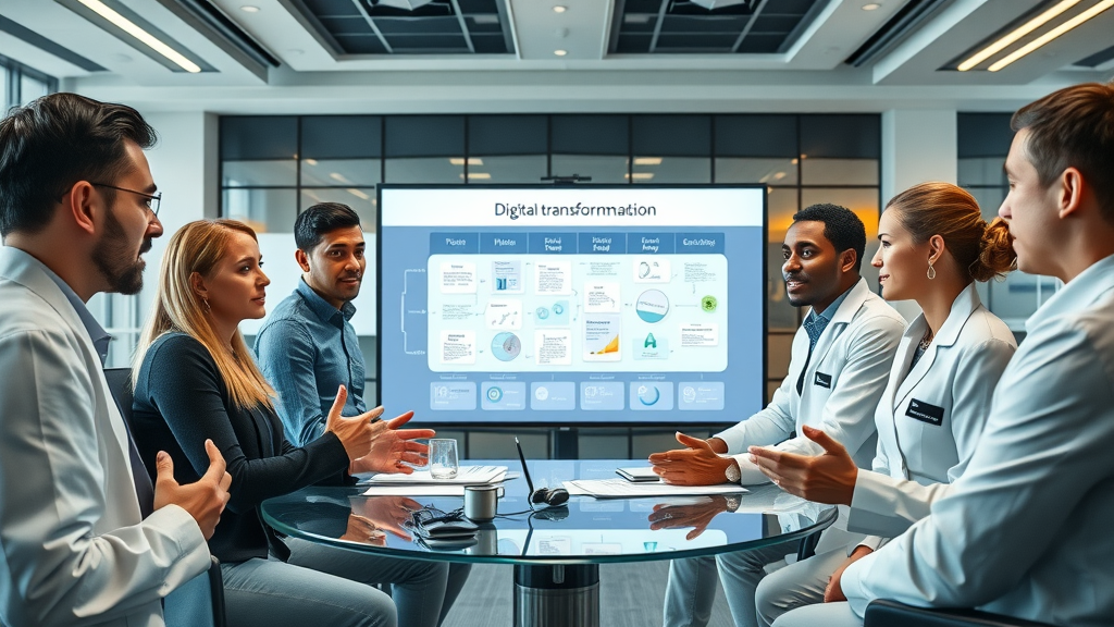 high-tech meeting room, diverse biotech professionals, strategic discussion digital transformation roadmap, smart board, corporate environment, digital infrastructure in biotech