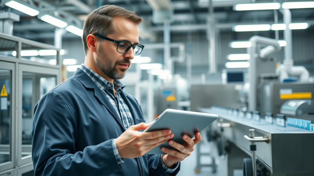 modern biopharmaceutical manufacturing facility, compliance officer, digital tablet, cleanroom, biotech production, audit-readiness, compliant digital transformation, life sciences sector