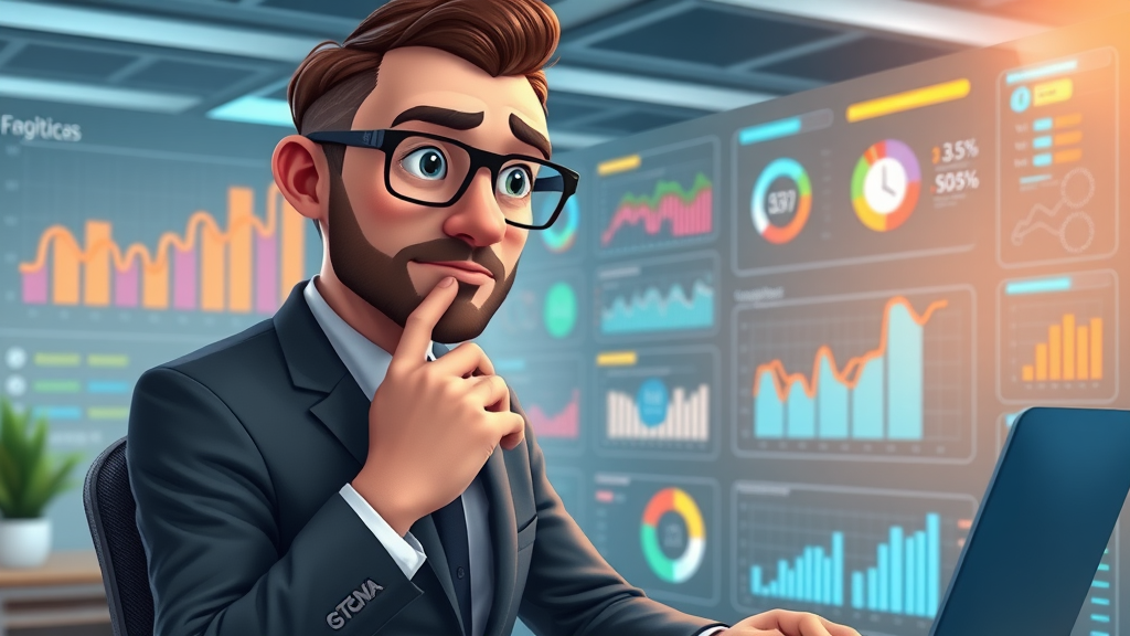 curious business leader, pondering, analyzing digital transformation analytics on futuristic dashboard, compliance icons, biotech digital infrastructure, vibrant palette