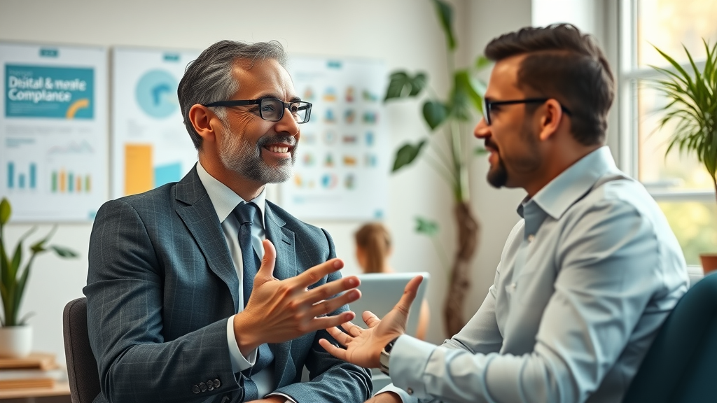 professional biotech advisor, consulting with executive client, digital transformation planning, digital compliance, life sciences sector, natural interaction, warm tones