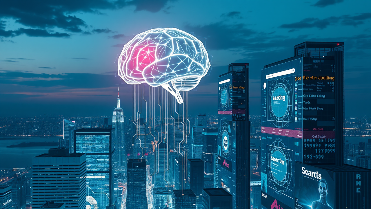 AI brain overseeing digital city, symbolizing artificial intelligence in search visibility algorithms.