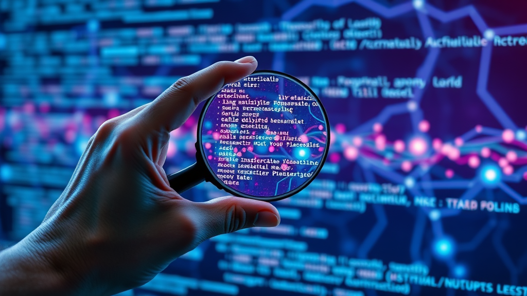 Magnifying glass reveals AI shaping search algorithm code, close-up illustration.