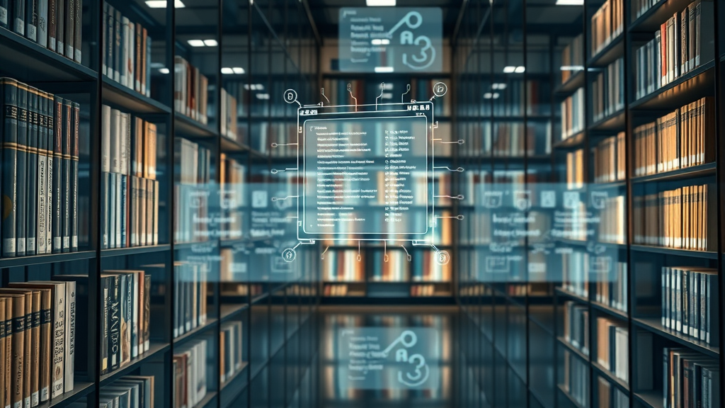 AI hologram sorts digital library content, illustrating modern search algorithms.