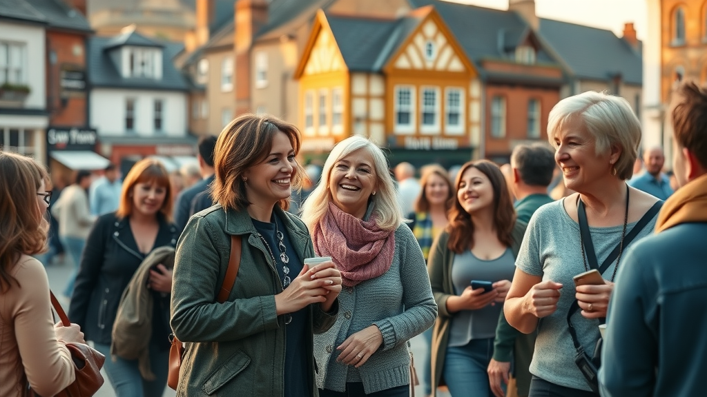 vibrant community gathering in Monmouthshire, smiling, people chatting and connecting in a town square, picturesque Monmouthshire town with historic buildings in the background, real people walking and engaging