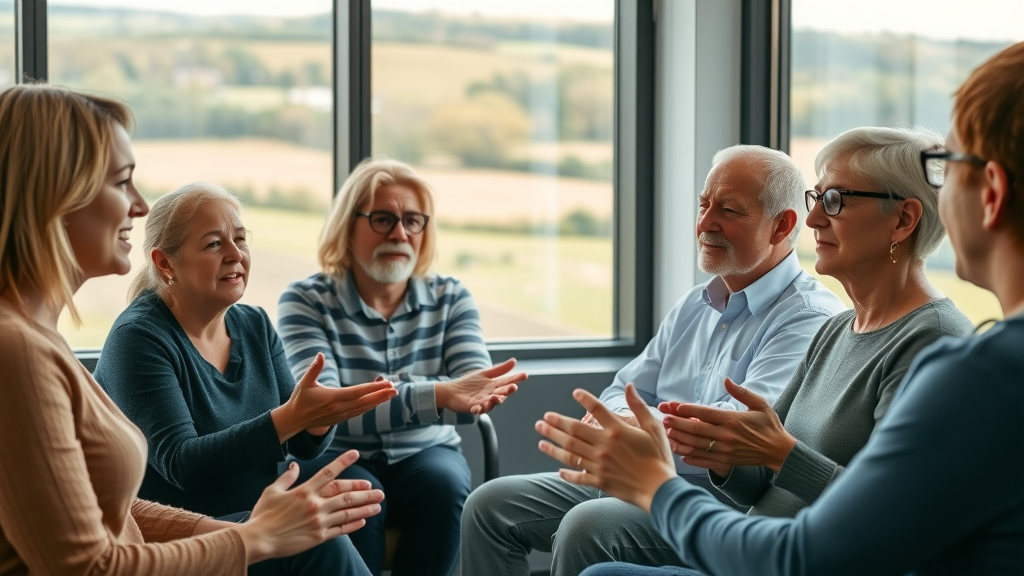 engaged group discussion, diverse ages exchanging ideas, modern meeting room with Monmouthshire countryside in the background