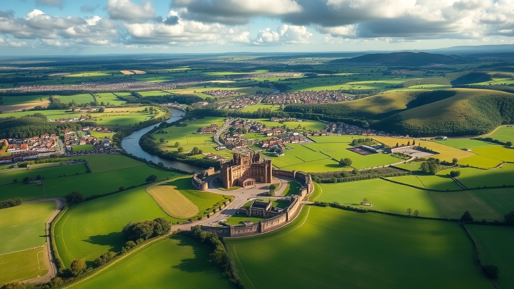 scenic aerial of Monmouthshire landscape, rolling countryside, villages, historic castles and rivers, vibrant greens and blues
