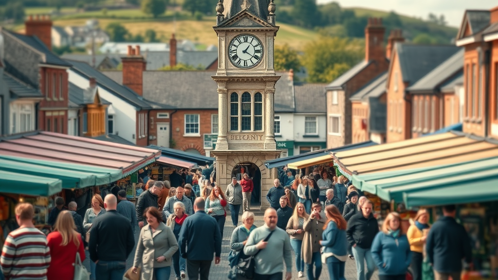historic Abergavenny market square, local people enjoying a bustling day around the famous clock tower, open-air market with colorful stalls