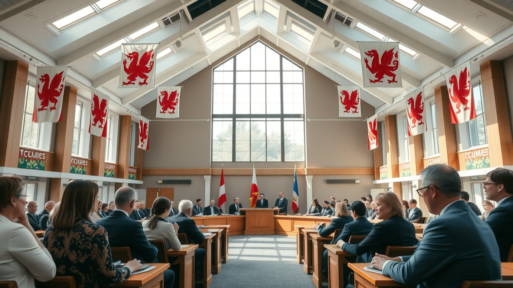 modern council chamber in Monmouthshire, officials and citizens interacting at open forum, airy chamber with Welsh flags and natural light