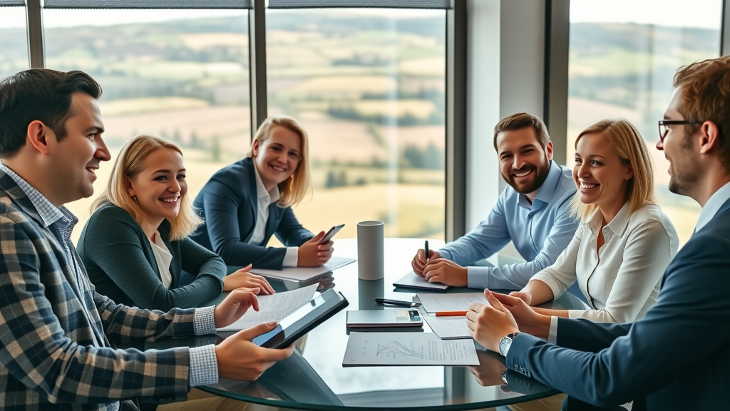 genuine business solutions for monmouthshire: business meeting in Monmouthshire with leaders discussing trends, modern office, rolling hills visible through windows