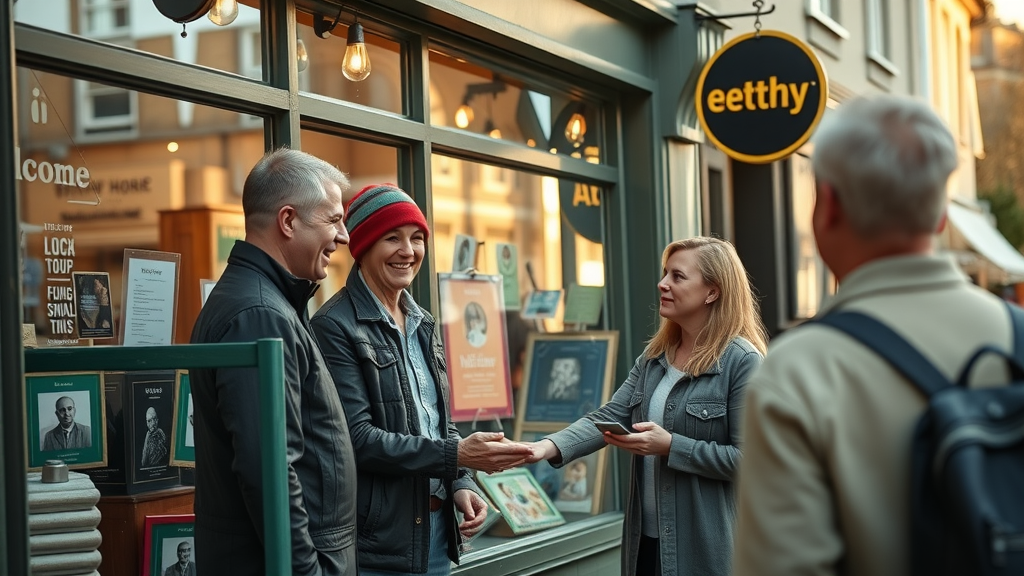 genuine business solutions for monmouthshire: Small business owners greeting customers at Monmouthshire high street, community engagement, colourful shops