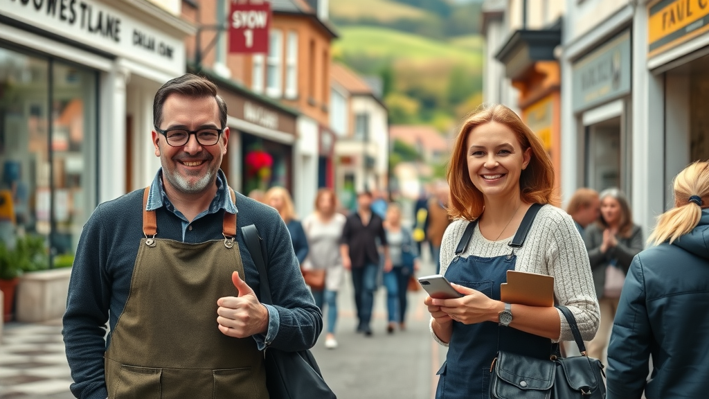 business solutions for Monmouthshire – vibrant Monmouthshire high street, confident business owners engaging warmly with customers, picturesque Welsh hills background, bustling market town, natural morning light