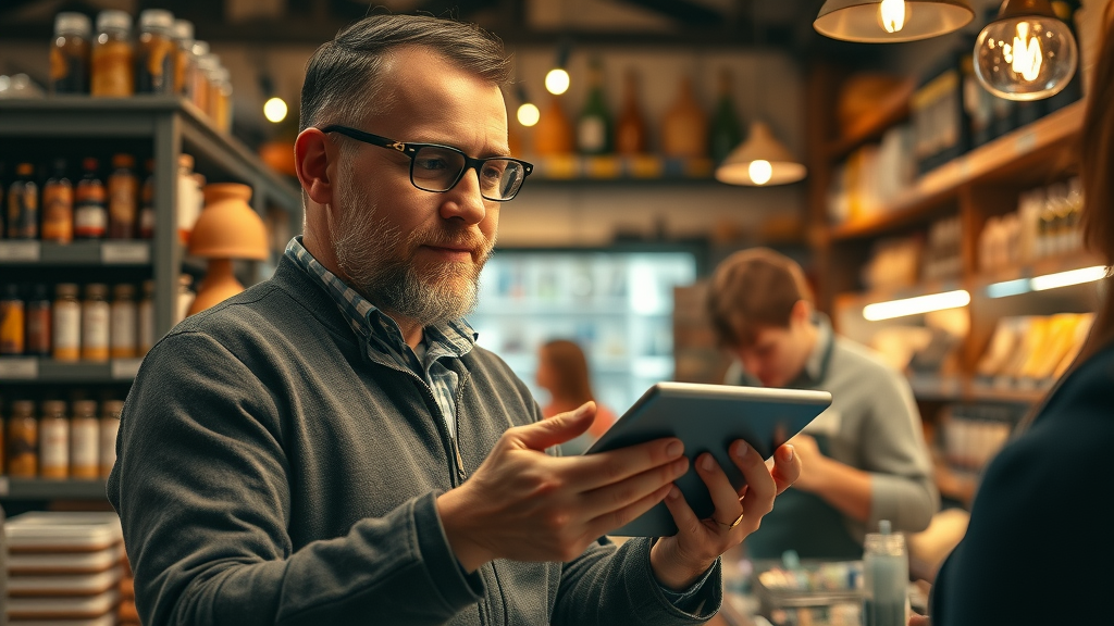 small business Monmouthshire – determined small business owner using digital tablet in rustic Monmouthshire store, engaging with technology overlays and warm lighting