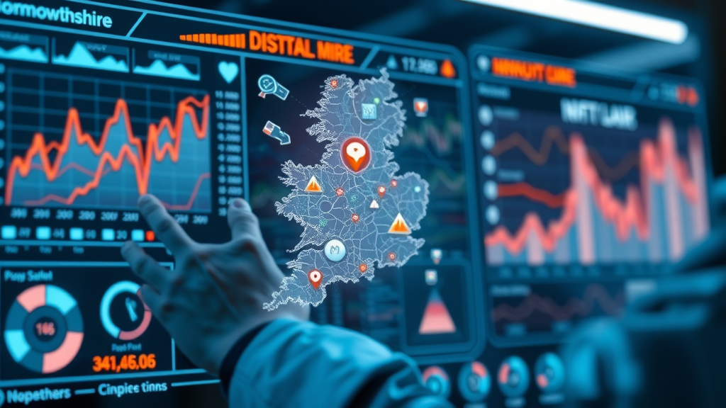 business Monmouthshire digital dashboard – professional analyzing virtual business data on Monmouthshire map, tech icons, graphs, and blue-orange neon accents