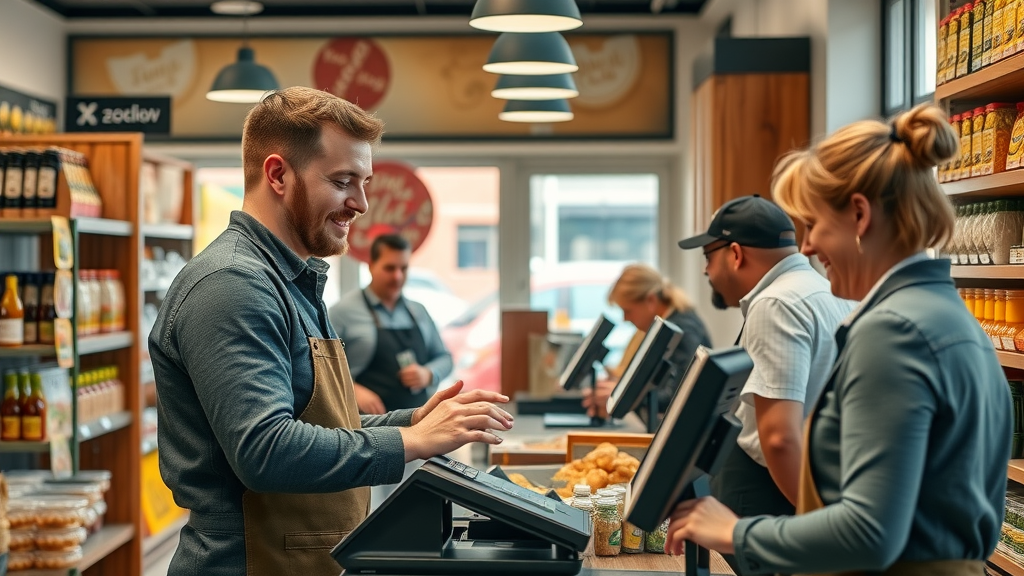 Sir Fynwy business Monmouthshire – busy retail shop with efficient tech at checkout, staff helping customers, modern POS system in local Monmouthshire deli
