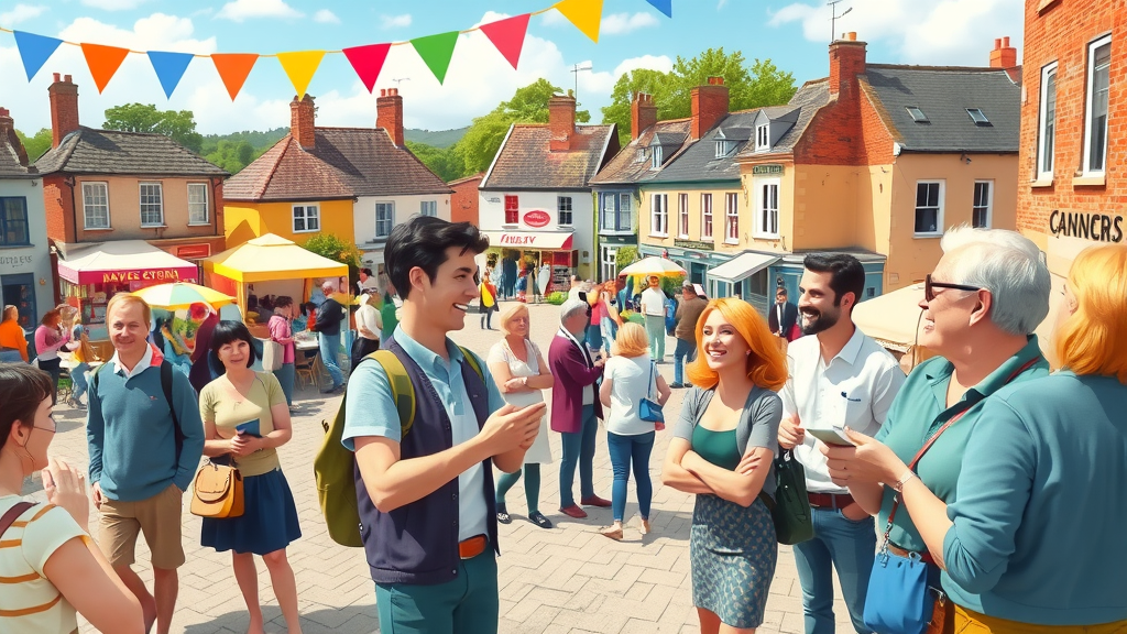 business solutions for Monmouthshire – community celebration with small businesses and locals networking in village square, banners, market stalls, sunlit afternoon