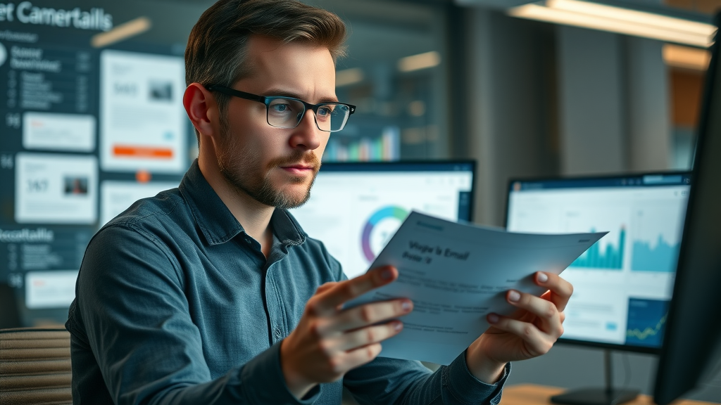 engaging digital marketer reviewing personalized email campaign examples, analyzing campaign dashboard in a modern workspace with digital screens displaying segmented emails