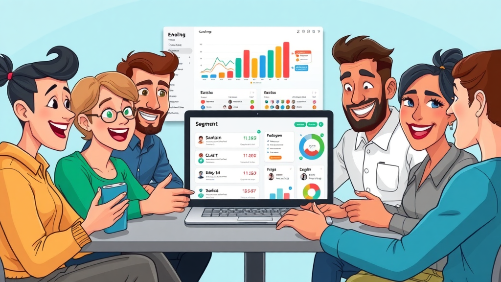 diverse team using email segmentation software for targeted email campaigns, categorizing customer profiles on a creative digital dashboard illustrating segment groups