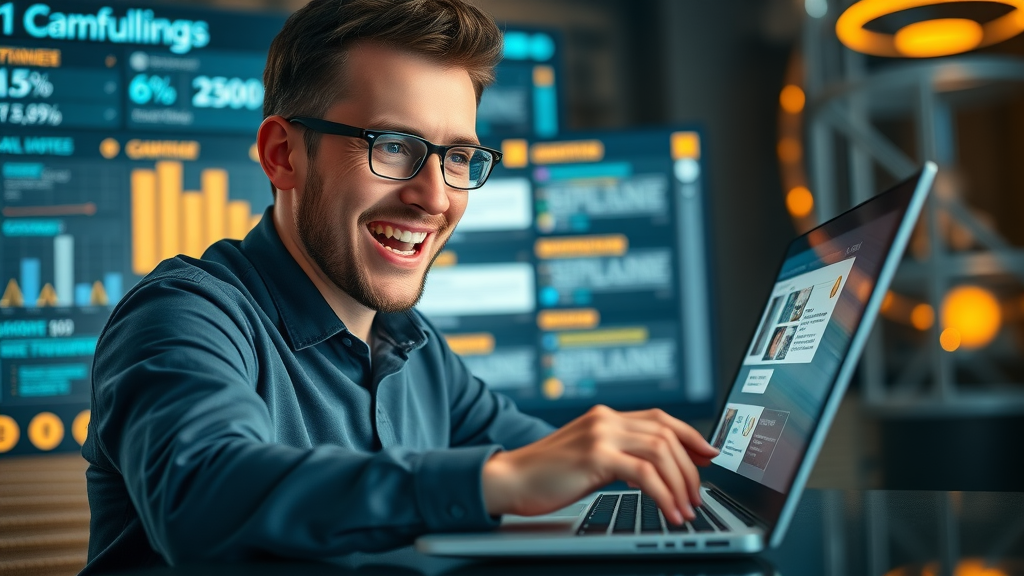 skilled marketer building a personalized email campaign on laptop, dragging and dropping content blocks with a high-tech interface featuring automations