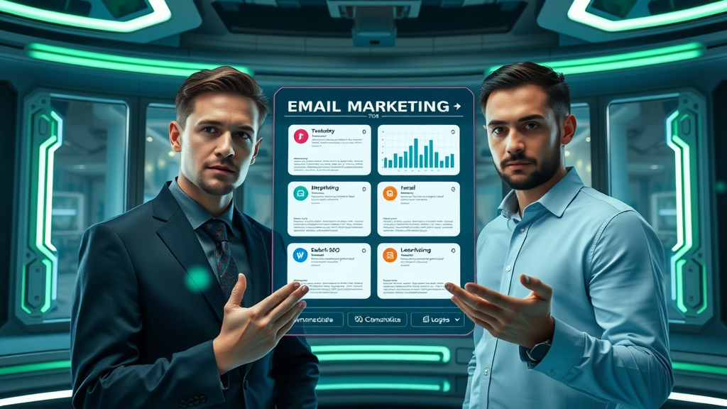 sleek digital dashboard displaying various email marketing tools for personalized email campaigns, marketers comparing features with futuristic holographic elements