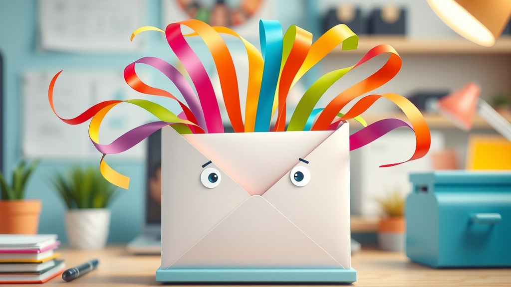 imaginative graphic showing an email envelope bursting with colorful, creative subject lines for personalized email campaigns, playful workspace background with vibrant ribbons